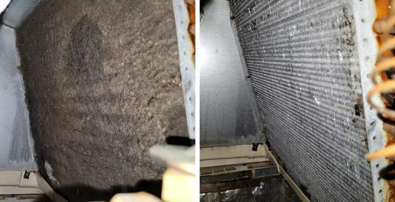This image shows a before-and-after comparison of an air conditioner evaporator coil cleaning.
