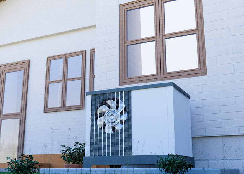Exterior view of a heat pump system next to a building with white bricks and windows, suggesting a home HVAC appliance.